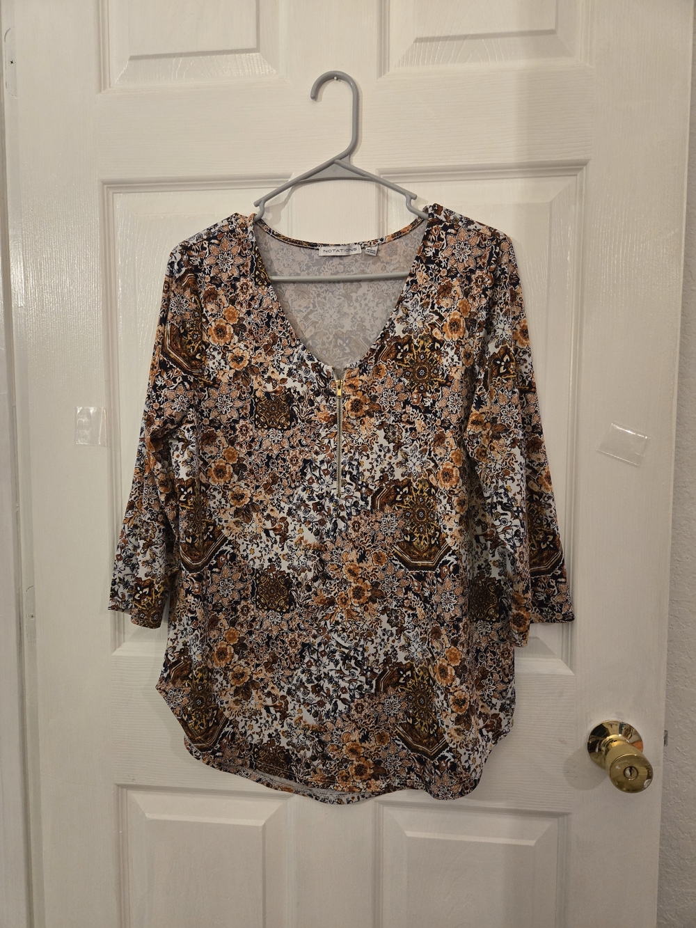 Notations Women's Floral Zip-Front V-Neck Top - Brown Multi
